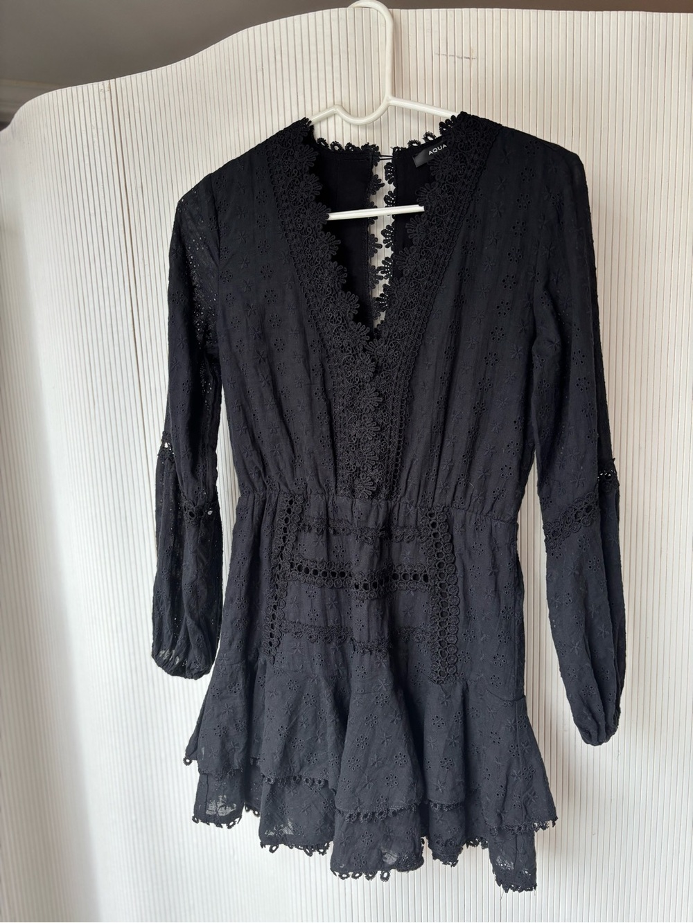 AQUA Black Lace V-Neck Romper with Floral Trim